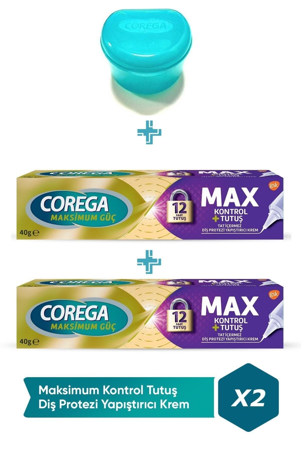 Corega Max Tutuş+Kalkan Diş Protez Yapıstırıcı Krem-2 Adet + Protez Diş Saklama Kutusu