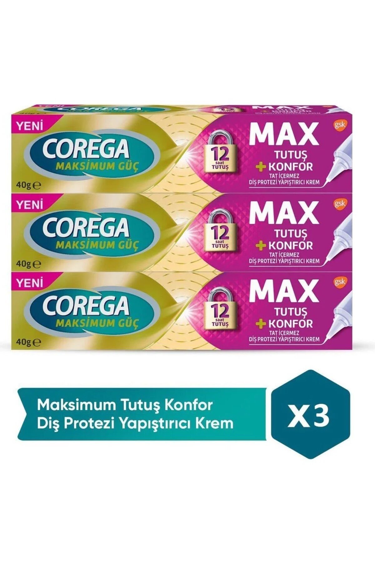 Maksimum Tutuş & Konfor Diş Protezi Yapıştırıcı Krem 40g x 3 Adet