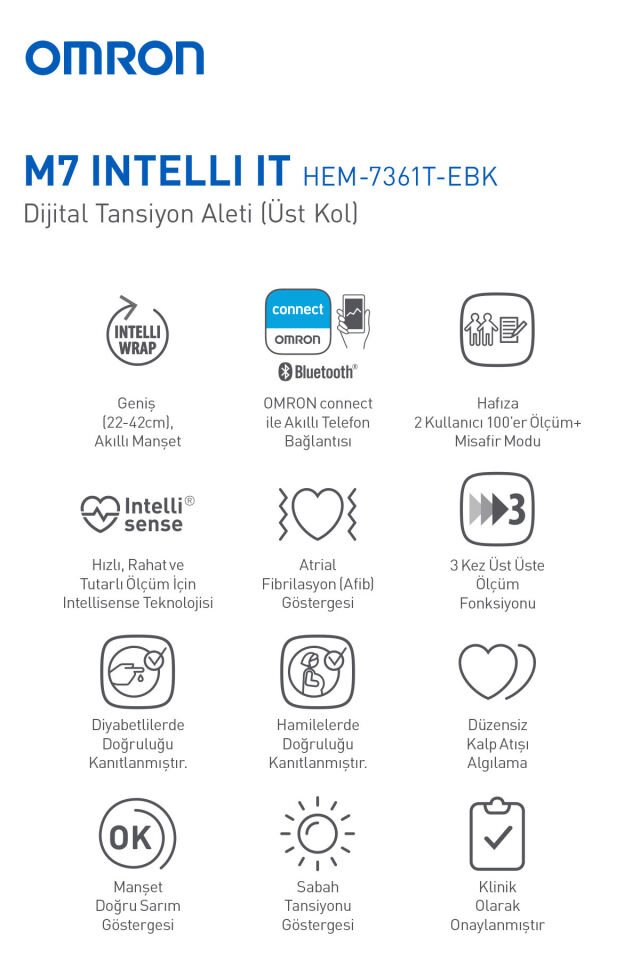 M7 Intelli IT Üst Koldan Dijital Pilli Tansiyon Aleti – AFib Göstergeli, Bluetooth, Akıllı Manşetli
