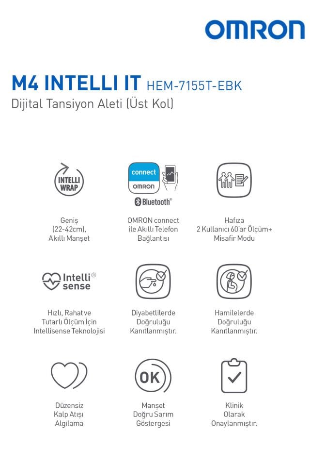 M4 Intelli IT Üst Koldan Tansiyon Aleti – Bluetooth, Akıllı Manşetli, 2 Kullanıcılı, 5 Yıl Garantili